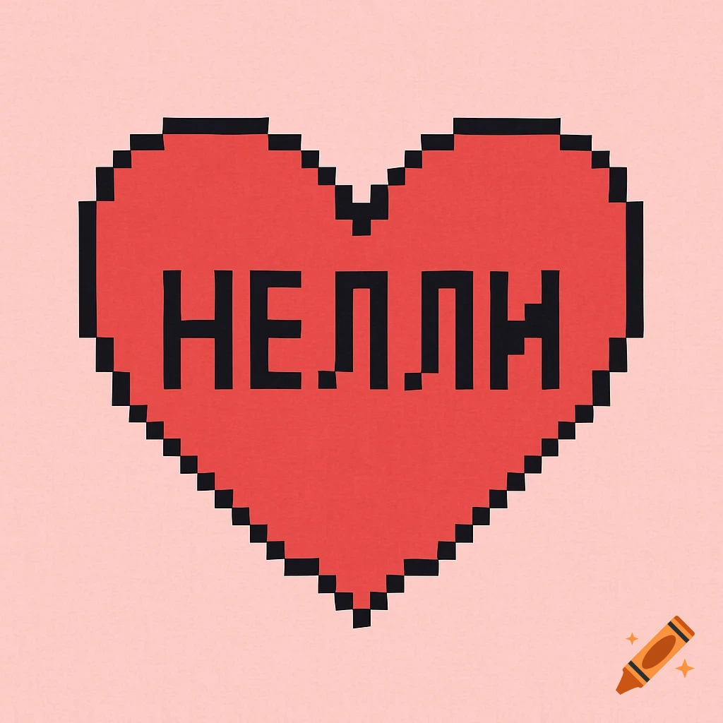 Pixel art red heart with the name НЕЛЛИ inside on a pink background.