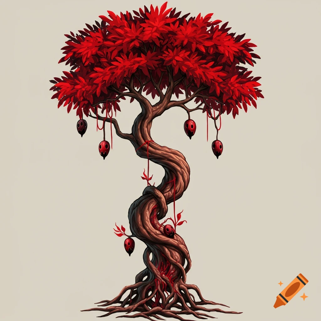 Stylized illustration of a red poison tree with eye-like fruits.