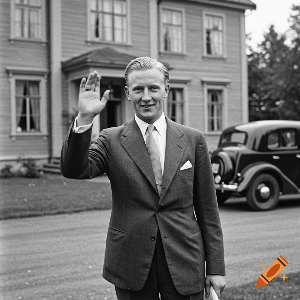 A man in a suit stands outside a building with a car, waving in a vintage black and white photograph.