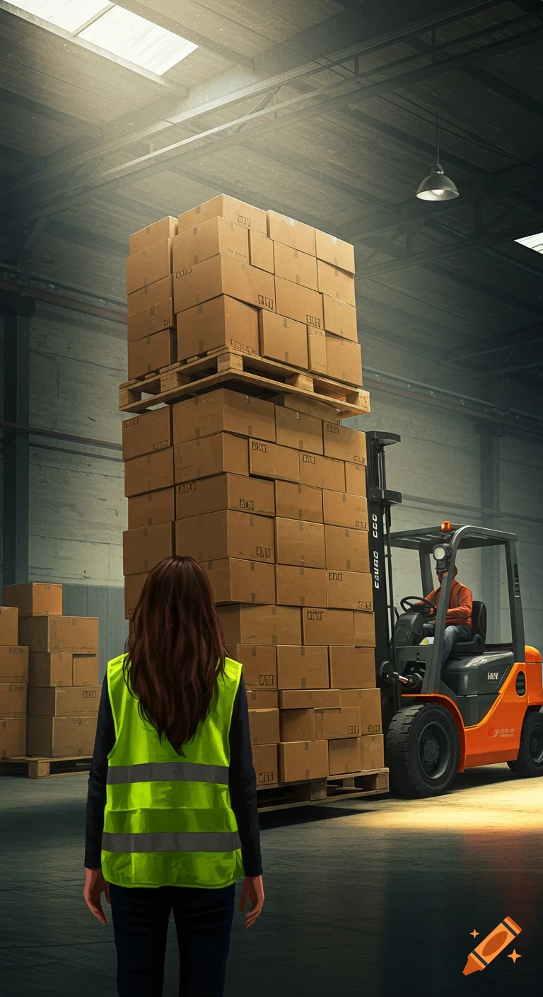 Woman in safety vest in warehouse watching a forklift lift a tall stack of boxes.