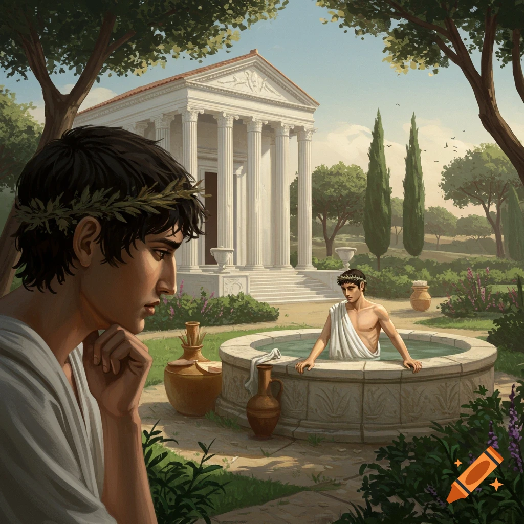 Two men in ancient attire in a classical garden with a building and bathing pool.