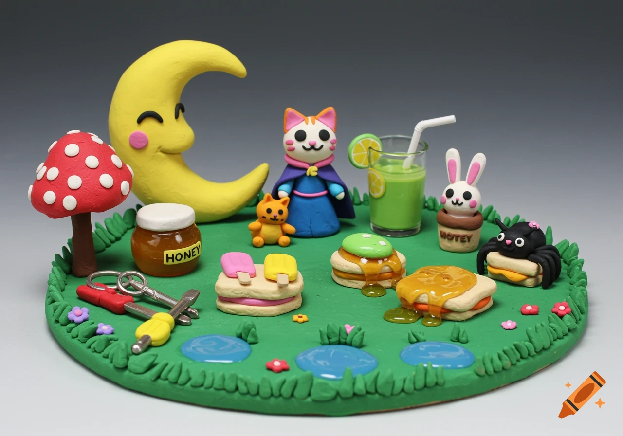 A cute clay diorama featuring a happy moon, cat, bunny, spider, mushroom, honey, popsicles, sandwiches, lemonade, keys, and screwdriver on green grass.