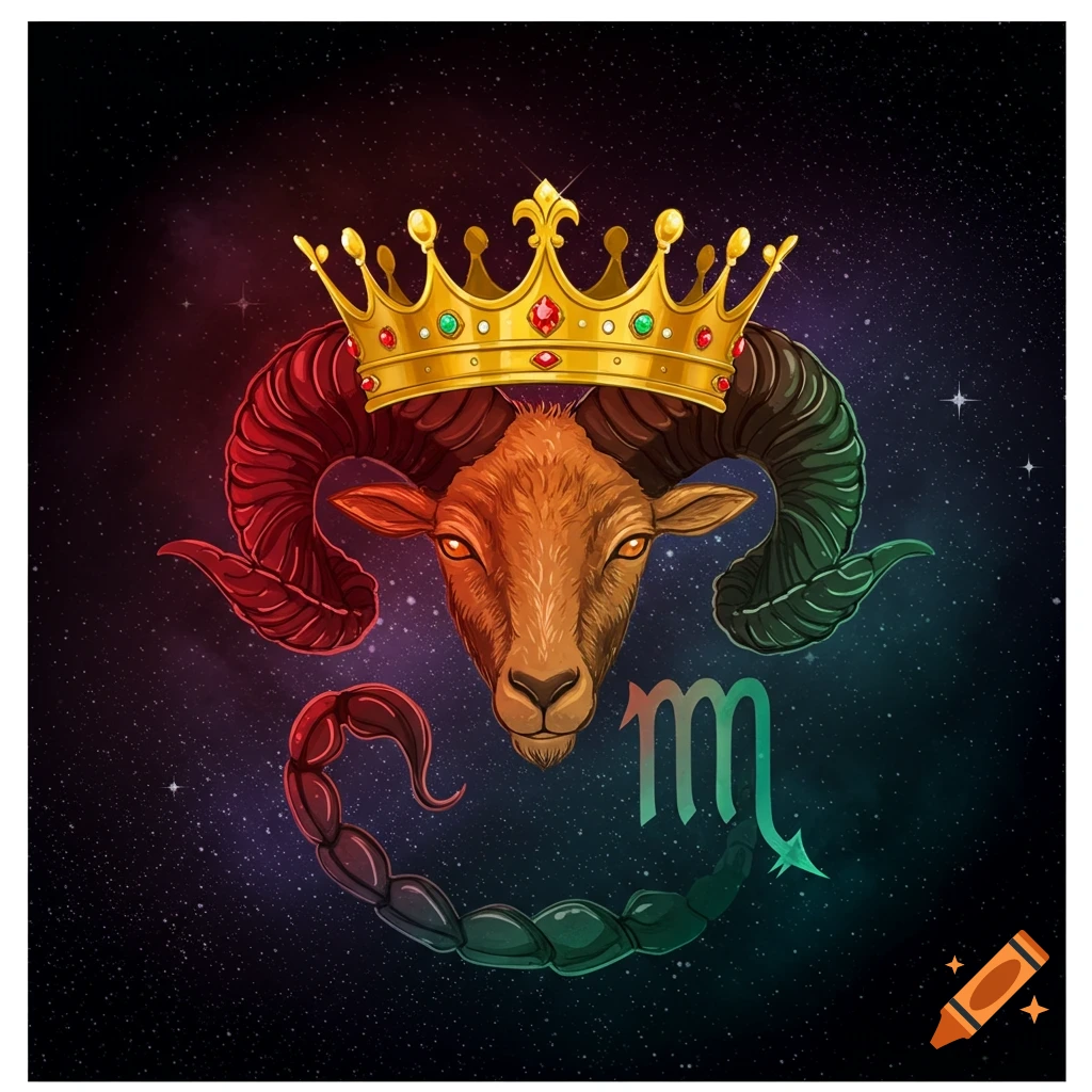 Illustration of Aries and Scorpio zodiac signs combined with a golden crown in space