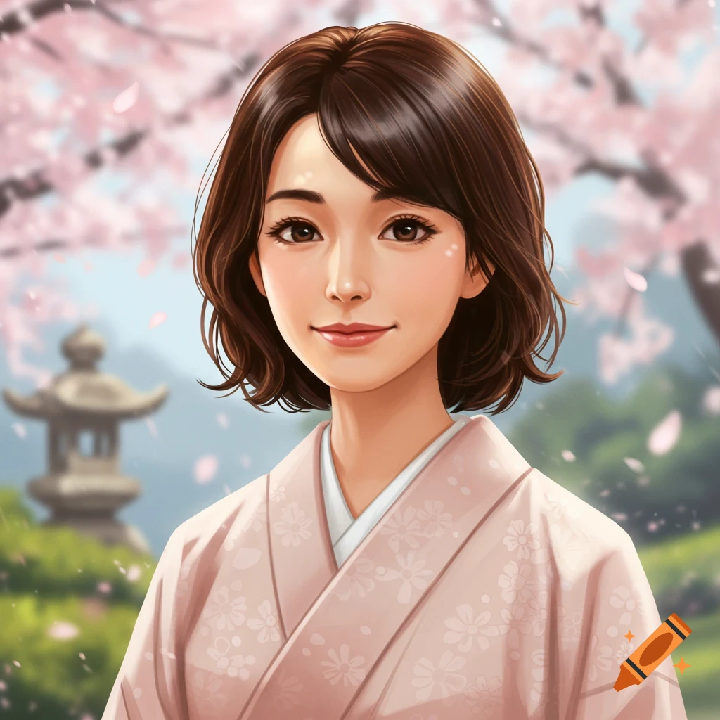 Illustration of a Japanese woman in a pink kimono standing in a cherry blossom garden.