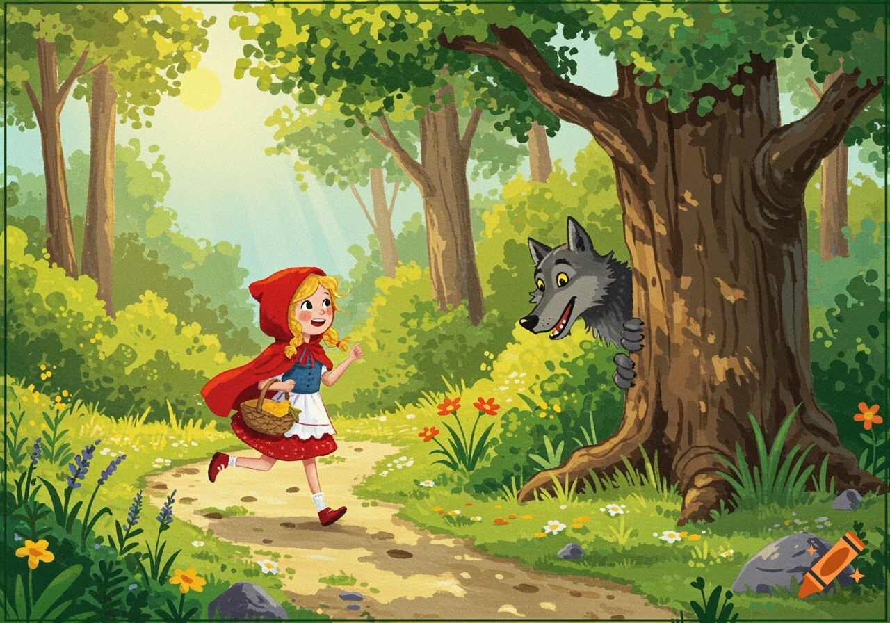 Little Red Riding Hood runs on a forest path while the wolf peeks from behind a tree in a children's book illustration.