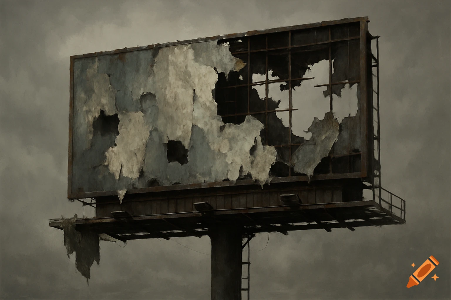 A large, heavily damaged billboard stands against a cloudy sky.