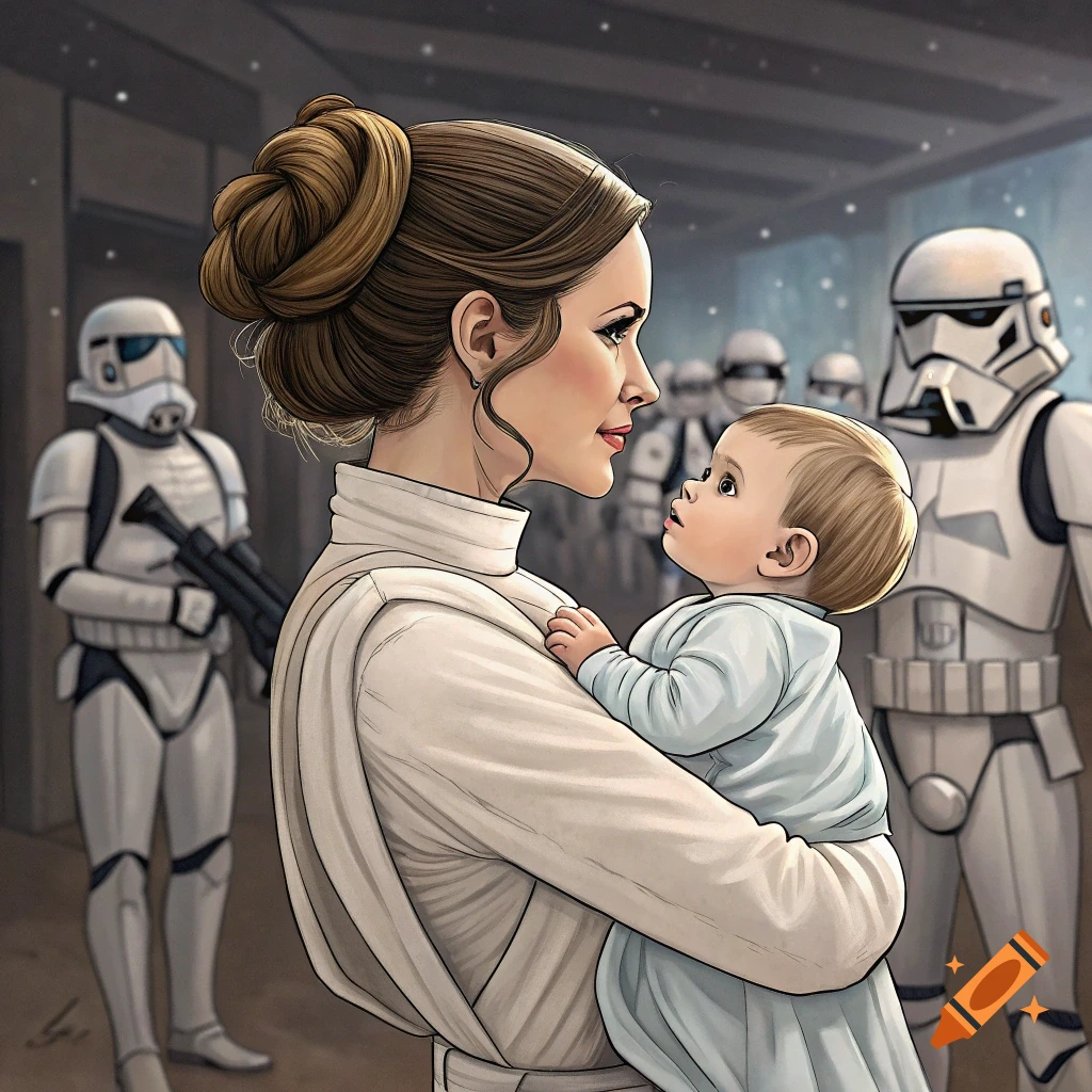 Princess Leia holding a baby with Stormtroopers standing behind them.