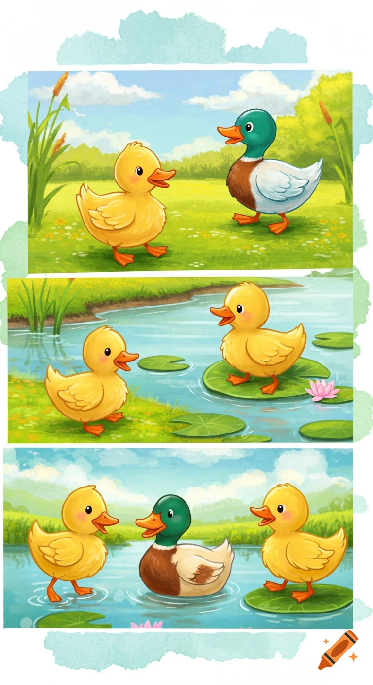 Cartoon ducklings and a mallard in three outdoor scenes by water and grass.