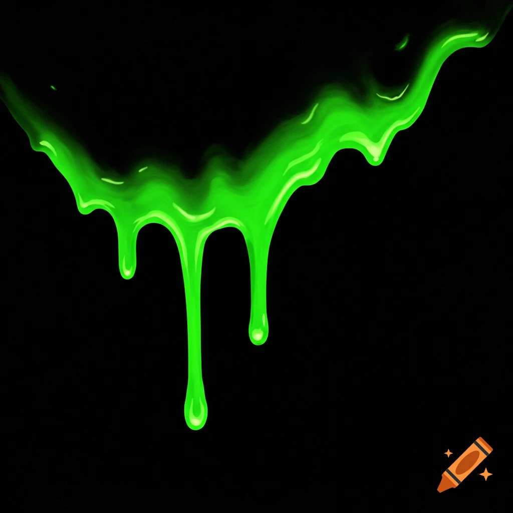 Bright green liquid dripping on a black background.