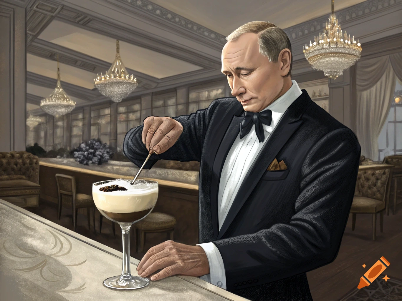 Illustration of a man in a tuxedo making a drink in a fancy bar.