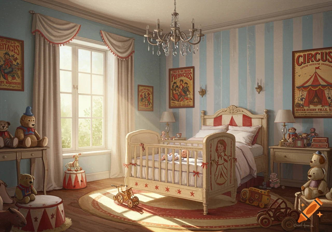Vintage circus themed nursery room with a baby in a crib, posters, and toys.