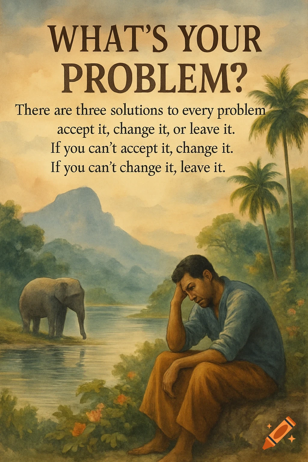 Painting of a man sitting by a river, looking thoughtful, with an elephant nearby and palm trees. Text: "WHAT'S YOUR PROBLEM?"