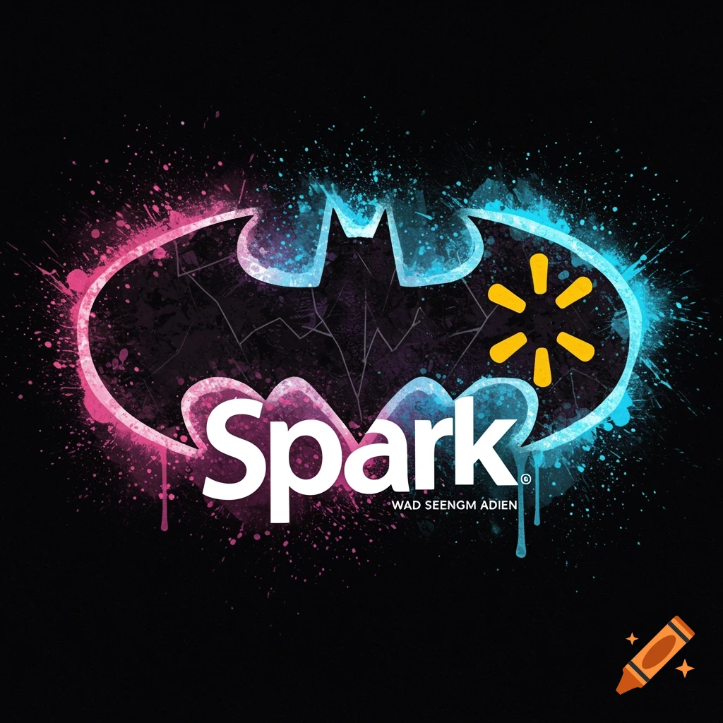Batman logo with Walmart Spark symbol in a pink and blue paint splatter style, with the word 'Spark' inside.
