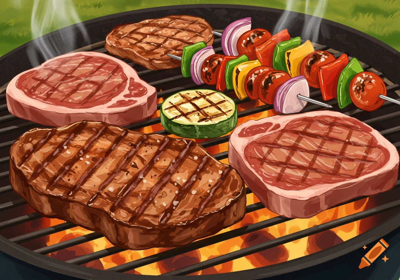 Steaks and vegetable skewers cooking on a barbecue grill