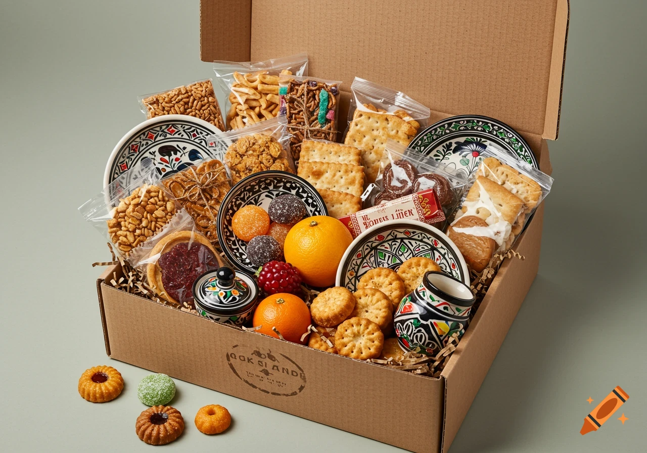 An open gift box containing various snacks, treats, fruits, and traditional patterned plates and cups, on a light background.