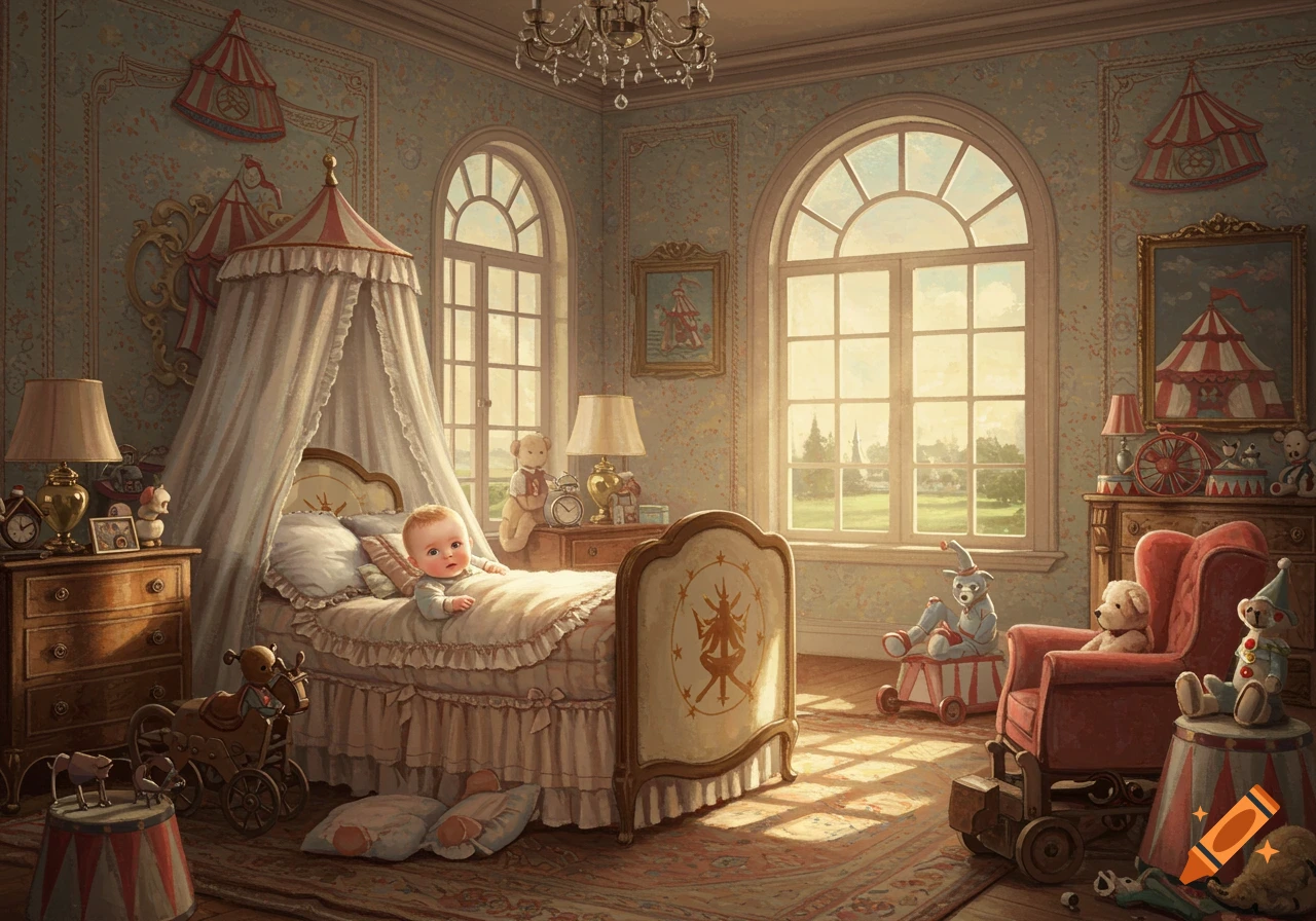 A baby in a vintage circus-themed nursery bedroom with large windows.