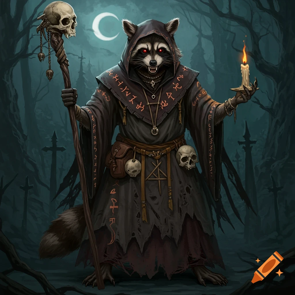 Illustrated dark fantasy image of a raccoon cultist in a graveyard ...