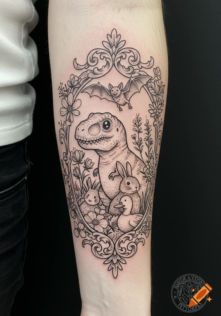 Black and grey tattoo of a T-Rex, bat, bunnies, and a duck in a floral frame.