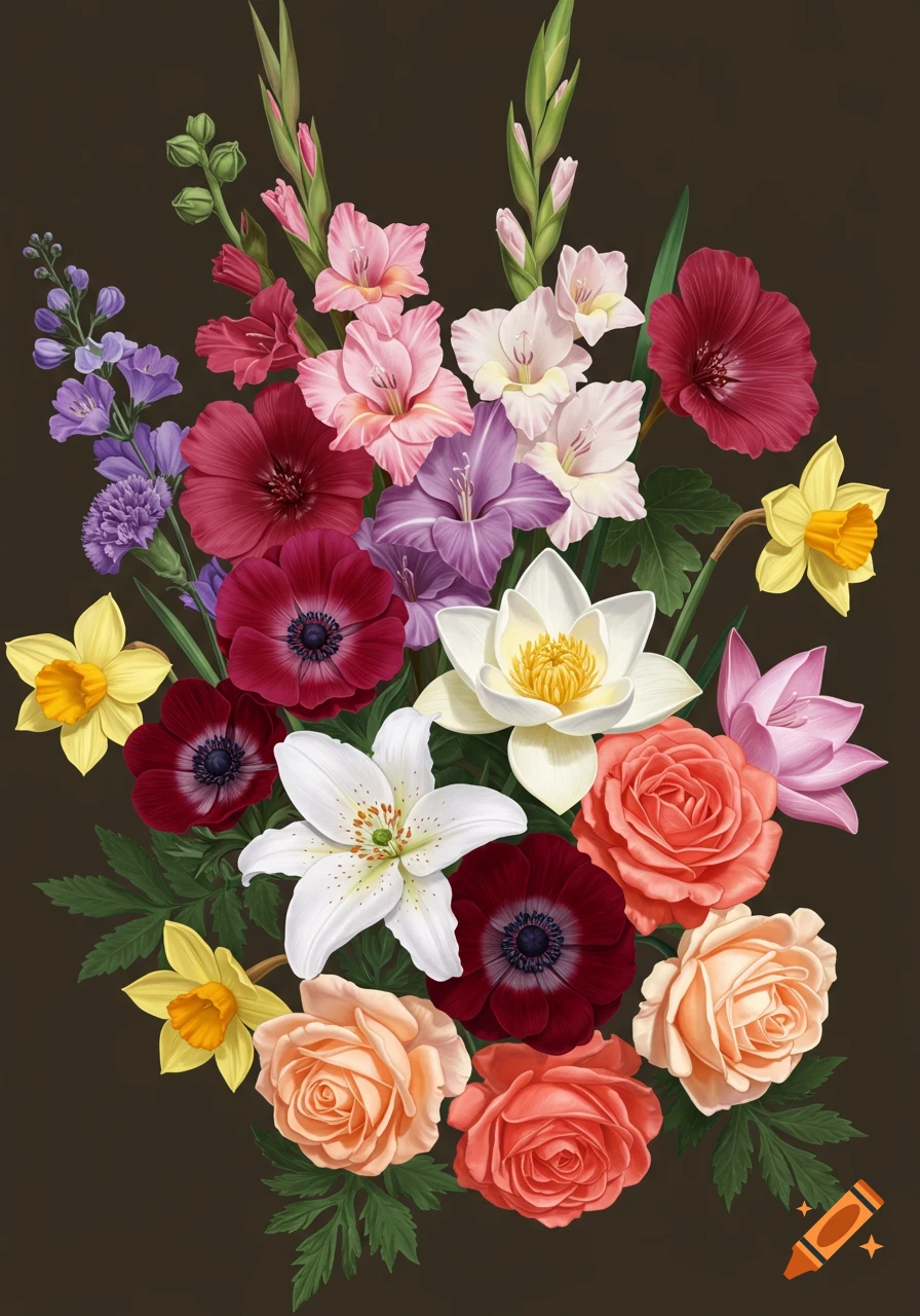 A vibrant bouquet of gladiolus, lotus, hollyhock, purple carnations, daffodils, lilies, anemones, and roses.