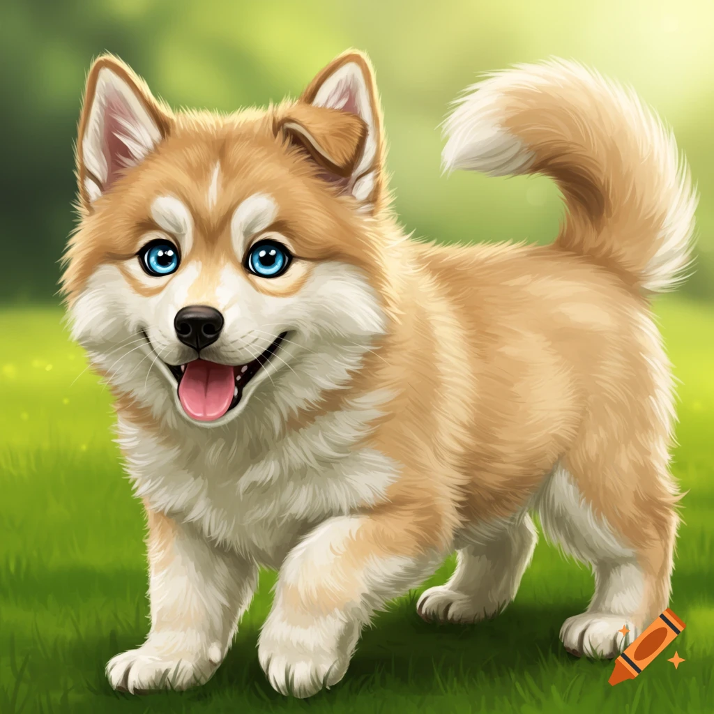 Cute puppy standing in grass, digital painting