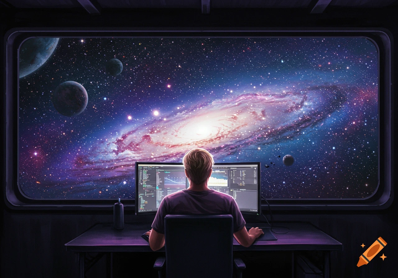 Person at computer desk looks out window at galaxy and planets. Digital art.