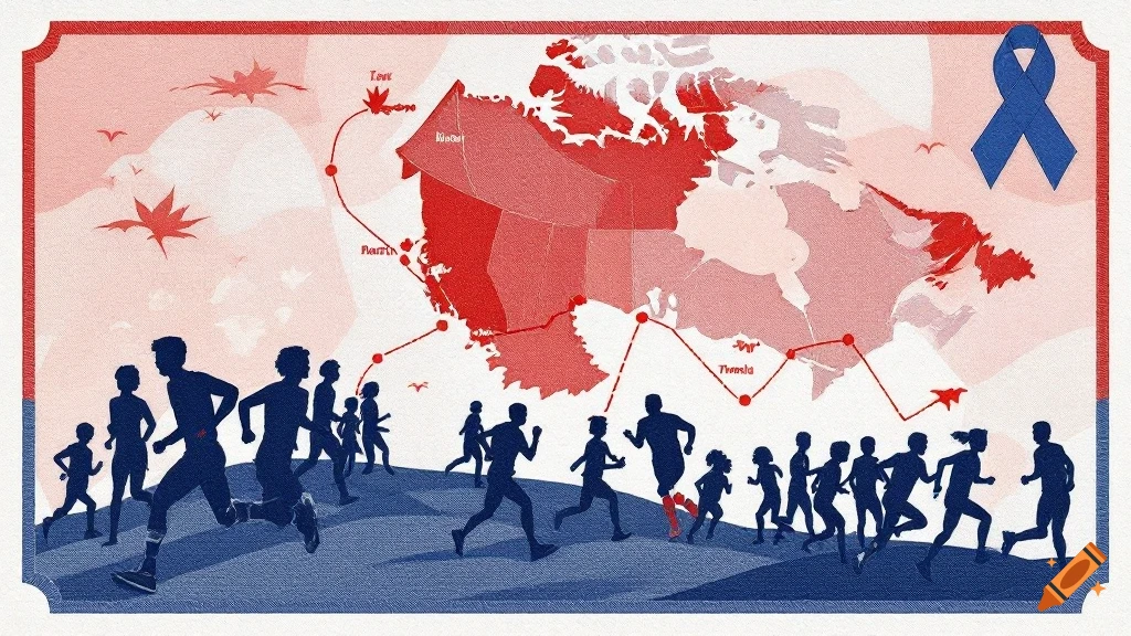 Silhouettes of runners in front of a map of Canada with a route line, maple leaves, and a blue ribbon, in red and blue.