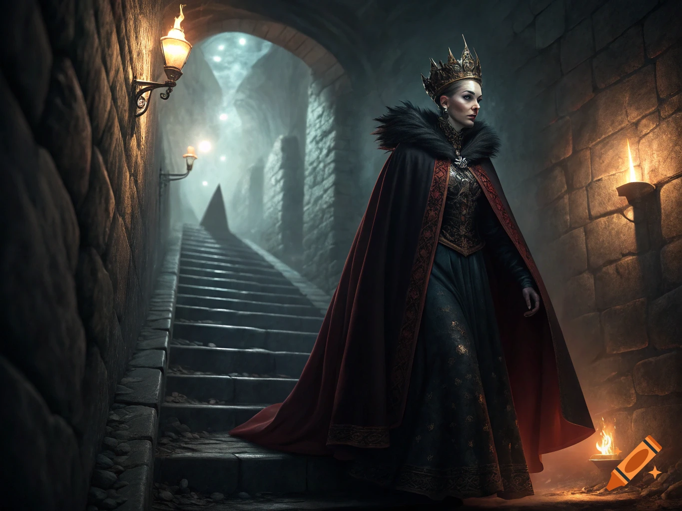 Regal figure in crown and cloak descends stone dungeon steps by torchlight