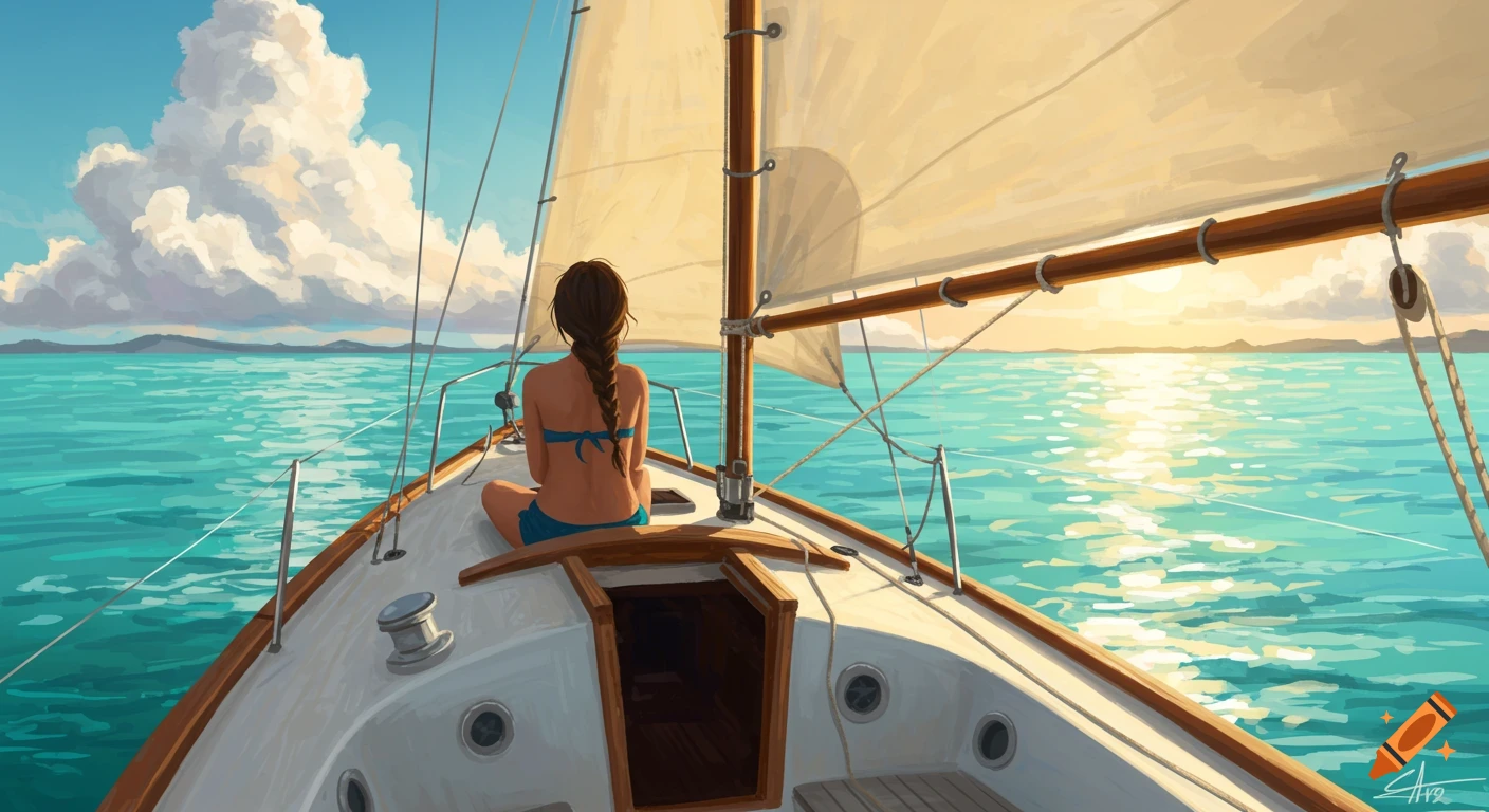 Person sitting on the front of a sailboat sailing on the ocean at sunset