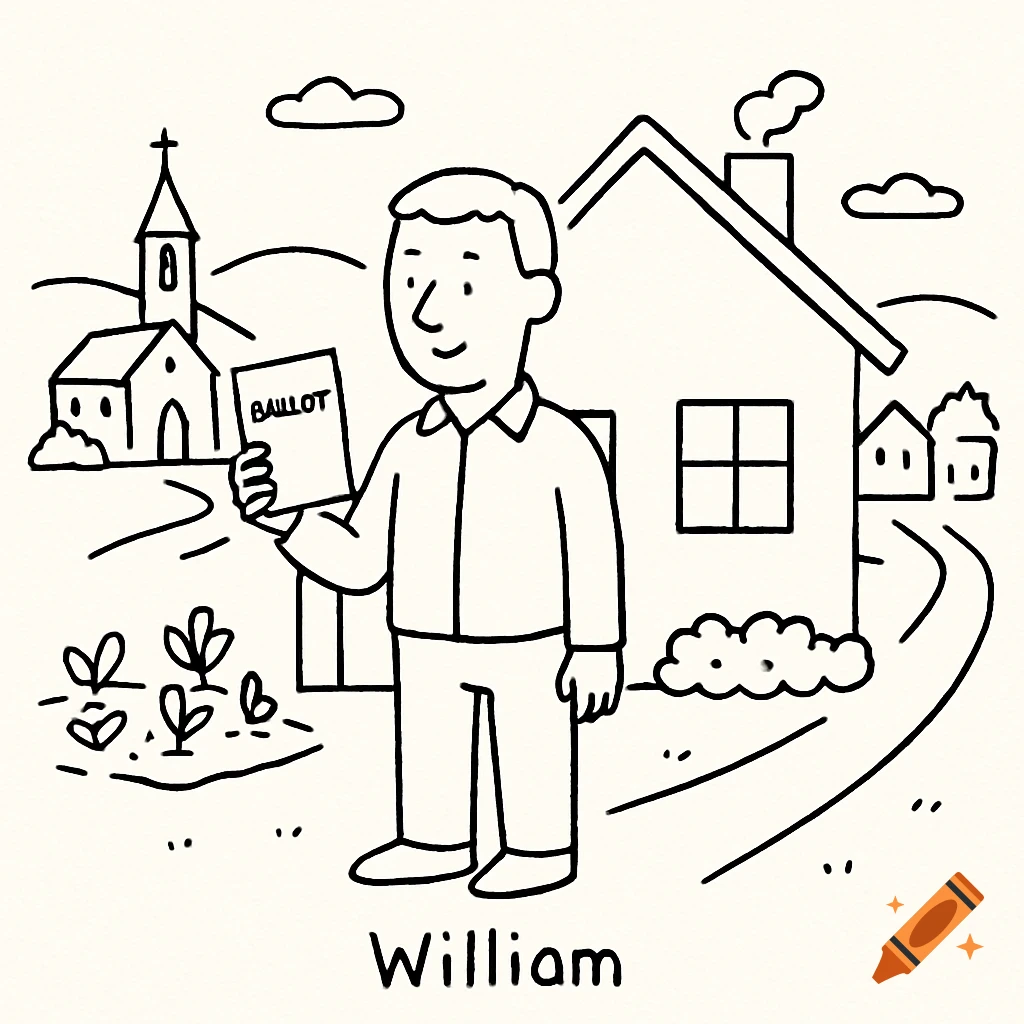 Simple line drawing of William holding a ballot in a village scene.