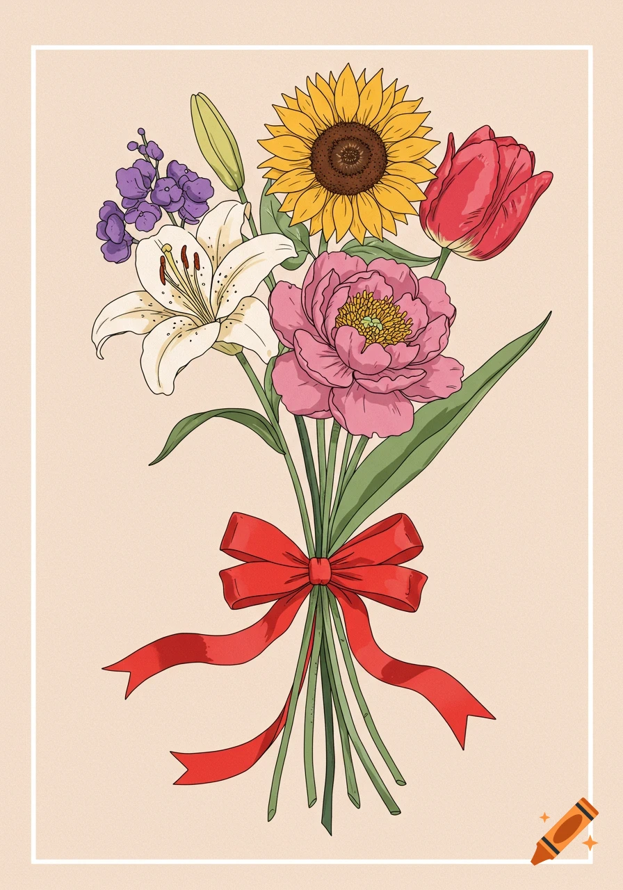 Line drawing of a bouquet with a lily, sunflower, peony, and tulip tied with a red bow.