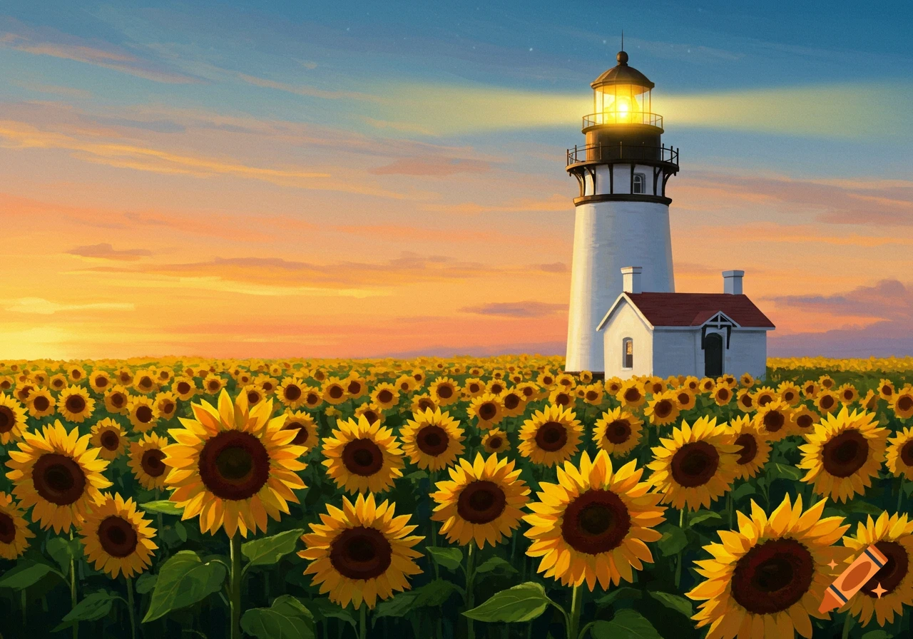 A lighthouse stands in a field of sunflowers at sunset, in a painterly style.