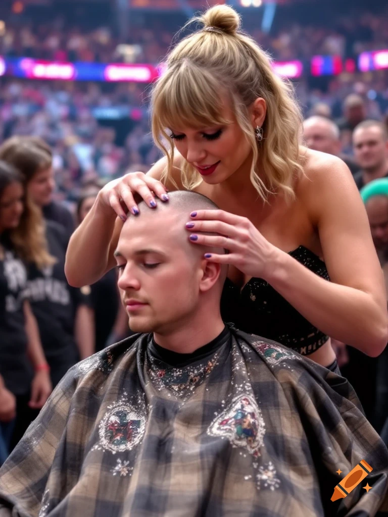 Taylor Swift touching a person's head while they wear a barber cape in a crowded arena.