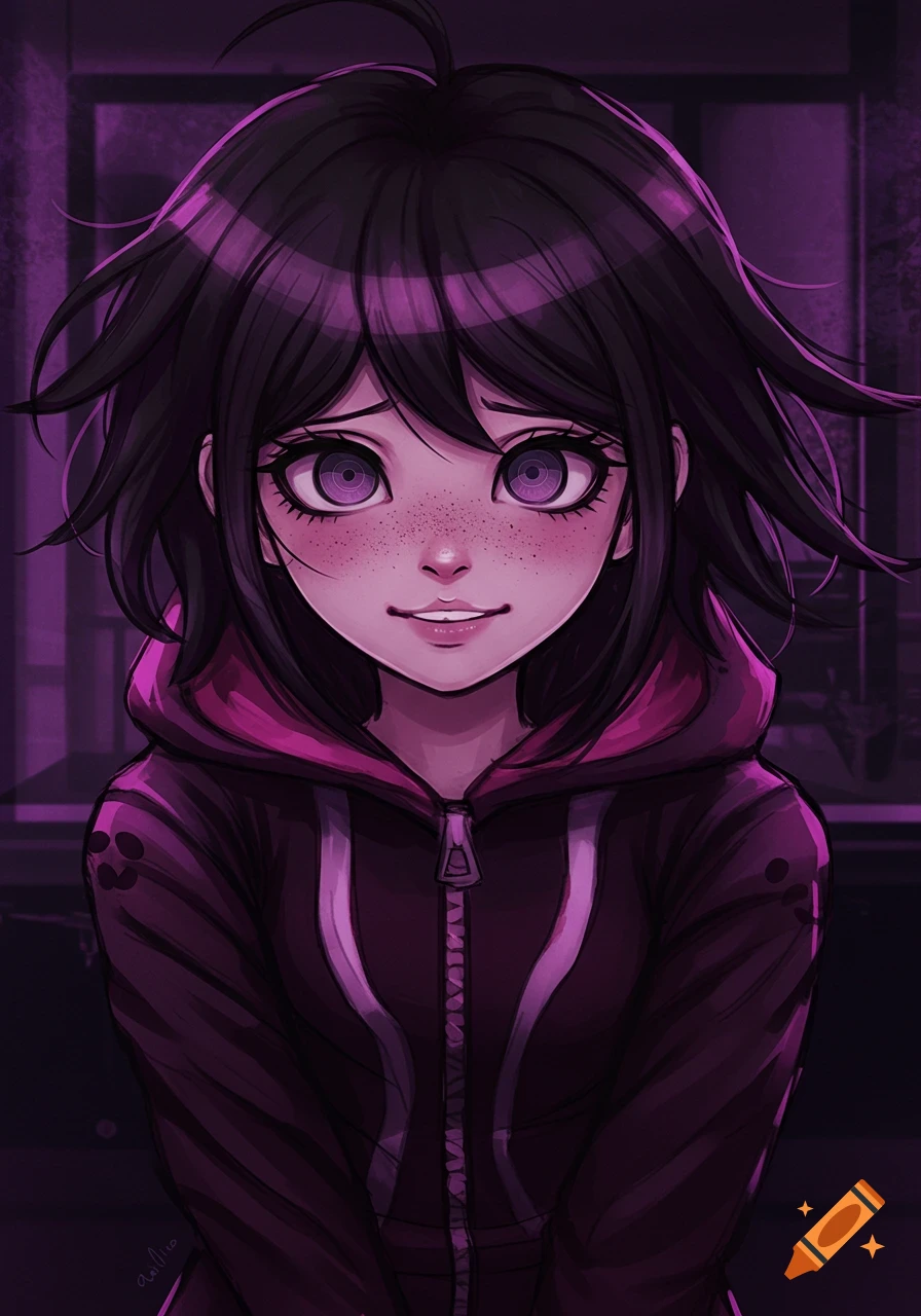 Anime portrait of a girl with dark purple hair, freckles, and a timid expression in a purple hoodie.