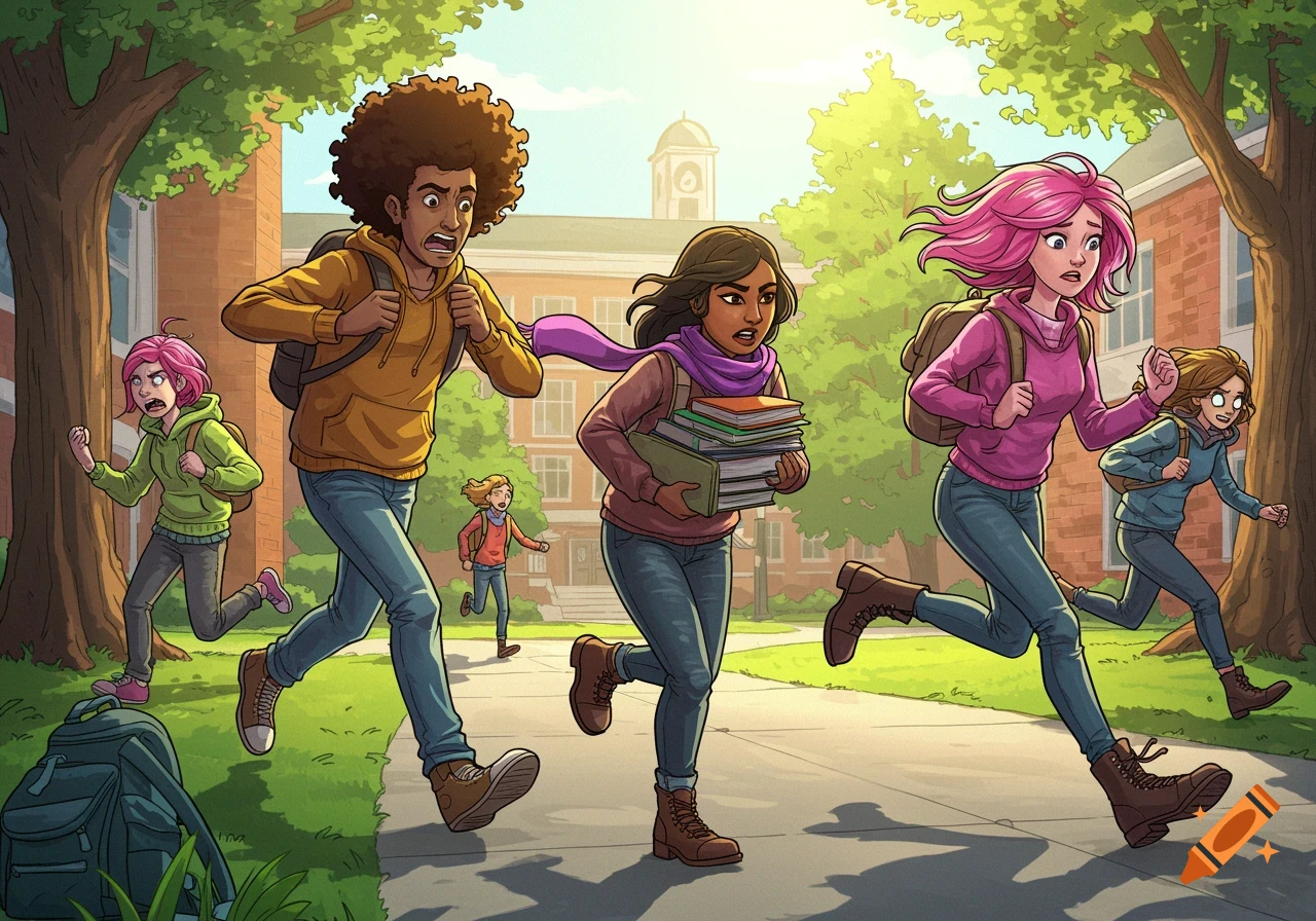 Cartoon illustration of college students running late on campus, carrying books and backpacks.