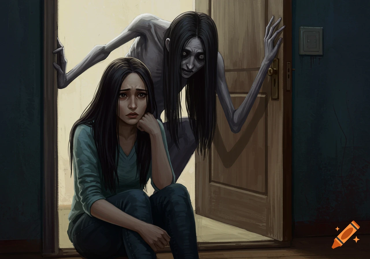 Anxious woman sits near an open door with a spooky creature behind her in a digital illustration.