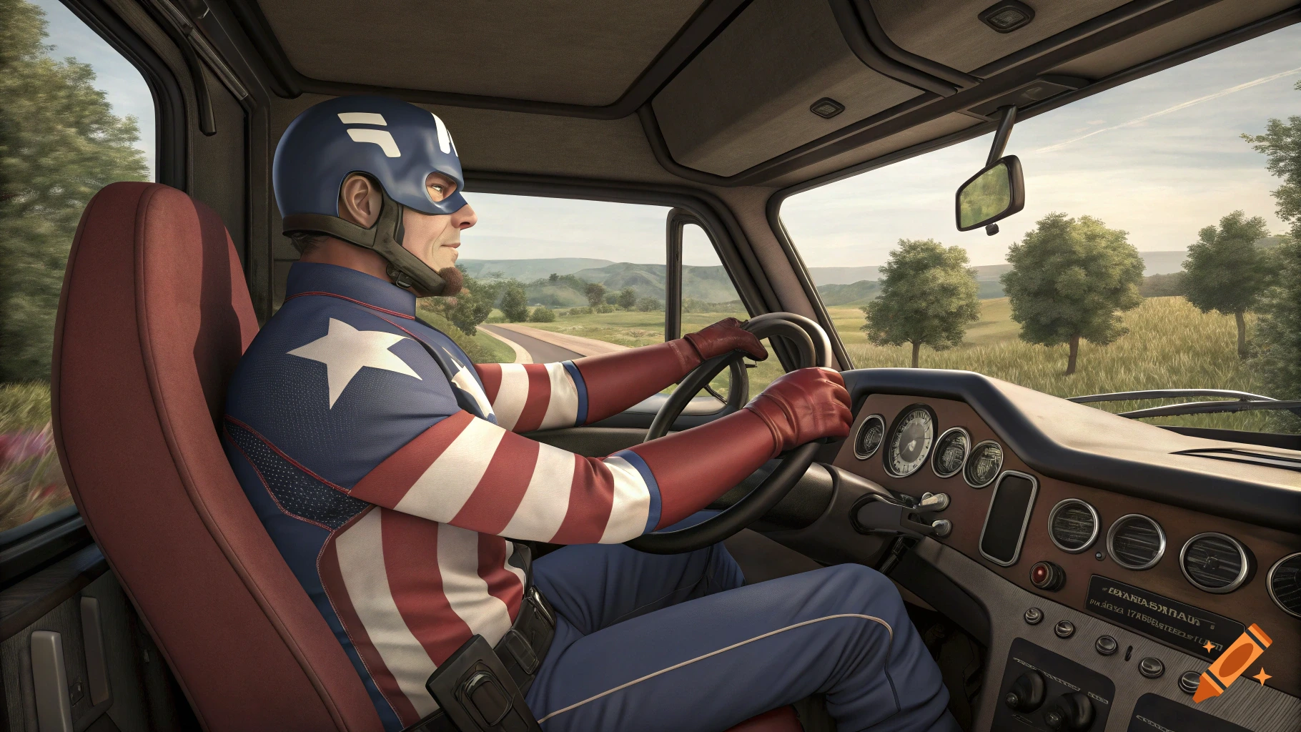 Captain America driving an 18-wheeler truck