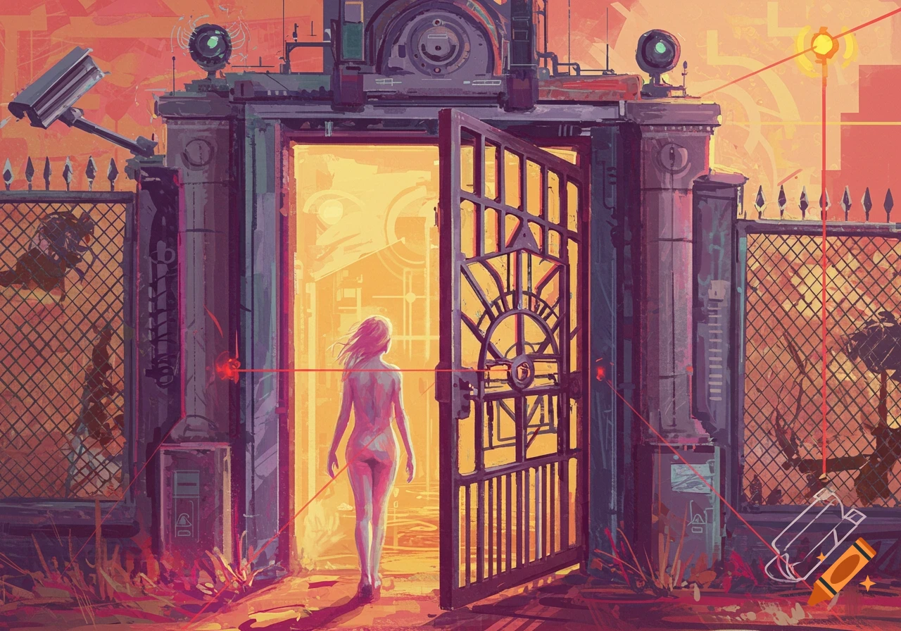 An illustrative image of a nude woman walking through a large ornate futuristic gate, guarded by cameras and lasers.