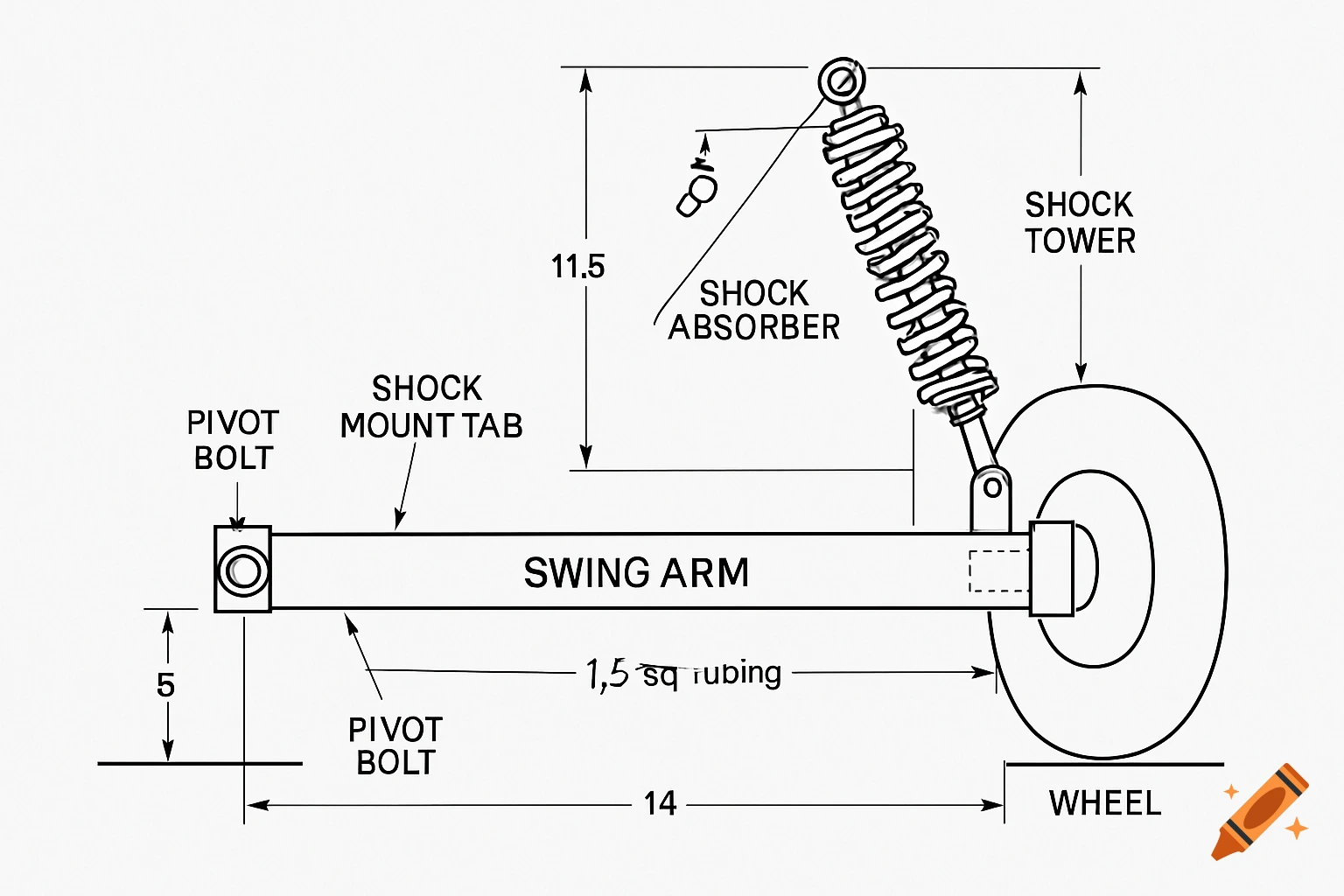 Blueprint-style technical drawing of a go-kart swing arm suspension with shock absorber and measurements.