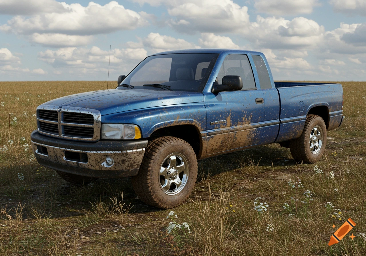 A blue Dodge truck covered in mud sits in a grassy field under a cloudy sky.