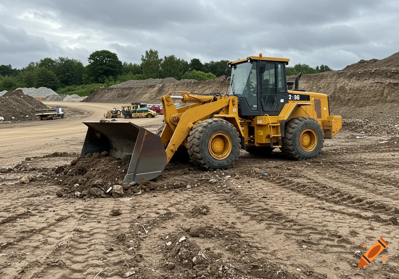 Photorealistic image of a yellow front-end loader with a full bucket at a construction site under an overcast sky.