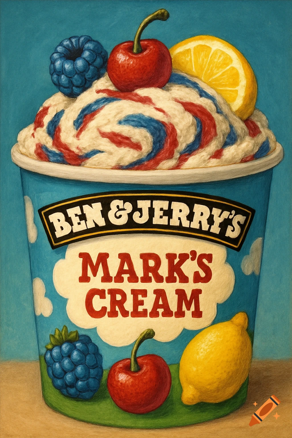 Illustration of an ice cream cup with red and blue swirl ice cream, topped with a cherry, blue raspberry, and lemon slice.