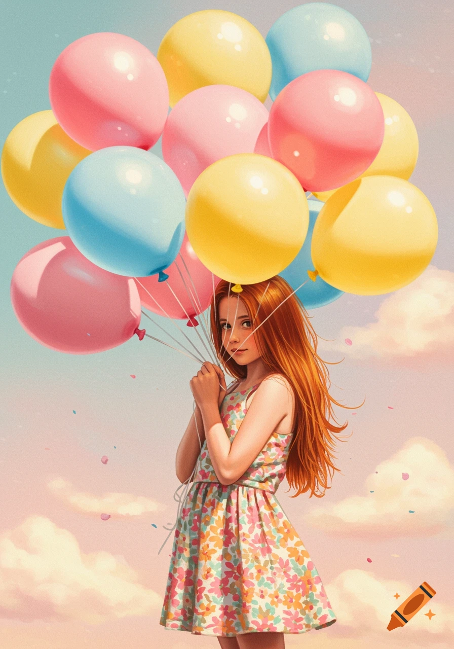 A girl with red hair holds a large bunch of colorful balloons against a pastel sky.