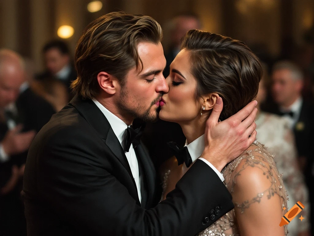 A man and woman in formal attire kiss at an event.