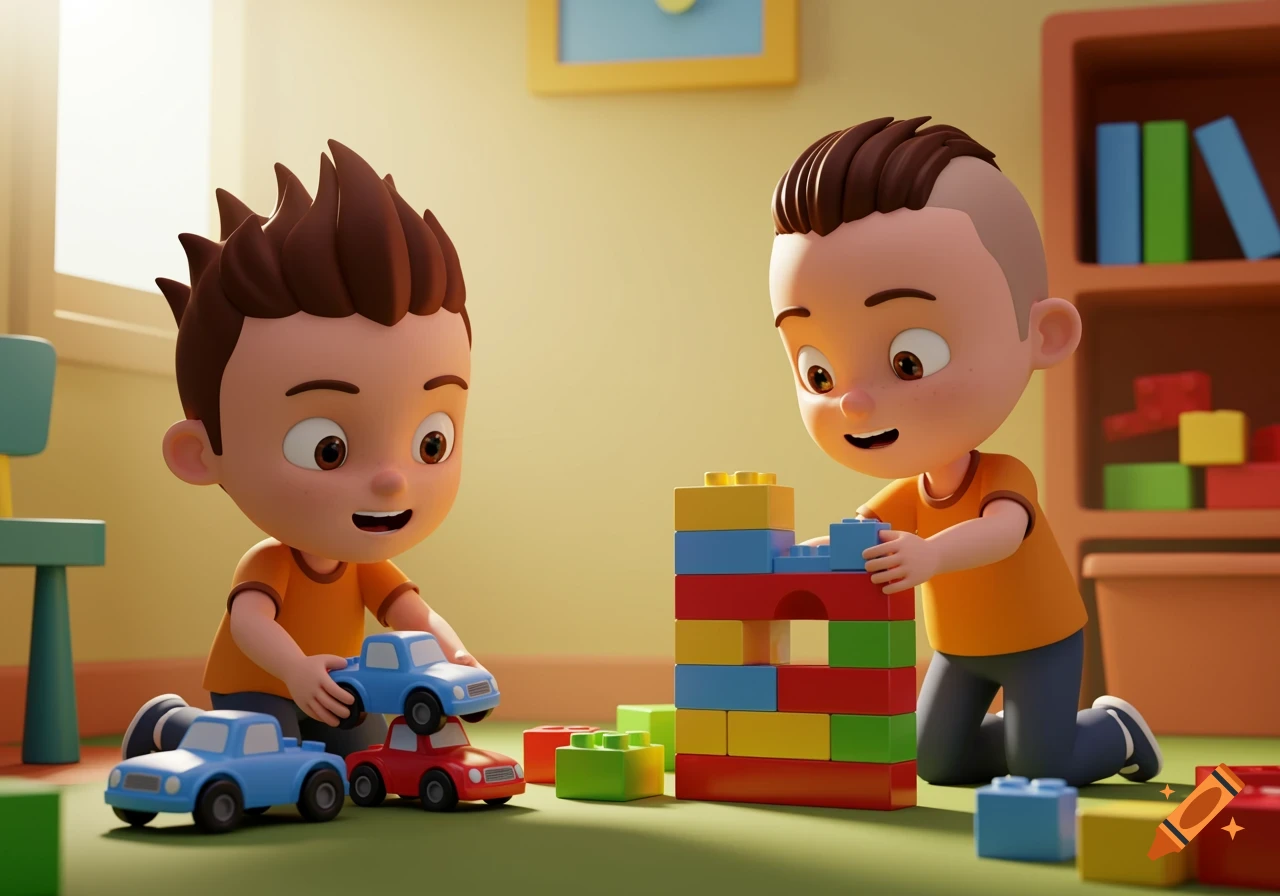 Two cartoon boys playing with toy cars and building blocks in a playroom.
