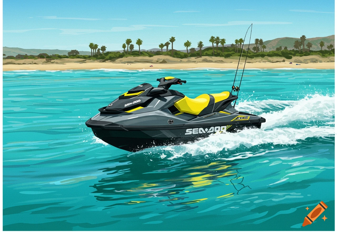 A grey and yellow jet ski with fishing rods in the ocean near a beach with palm trees.