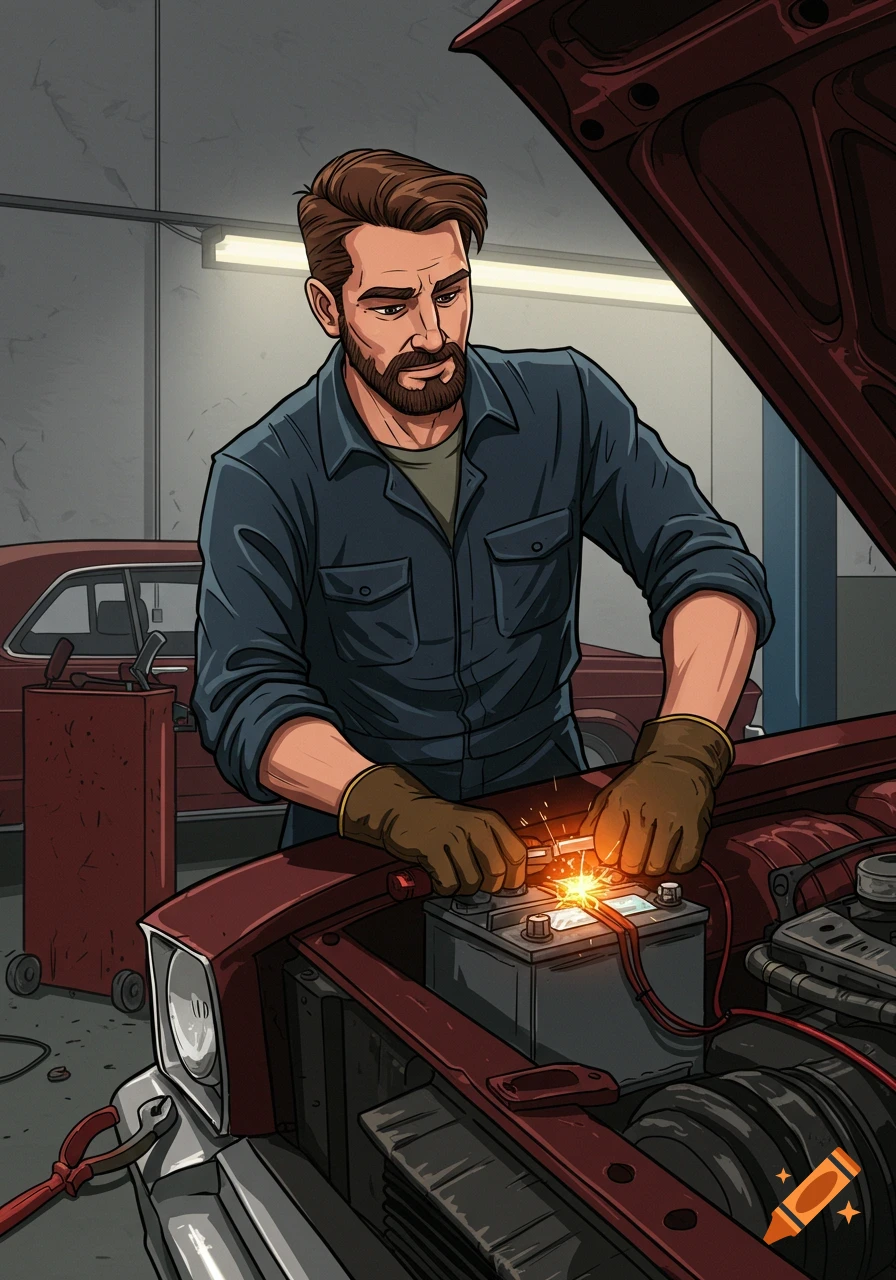 Illustration of a man installing a car battery in a garage.