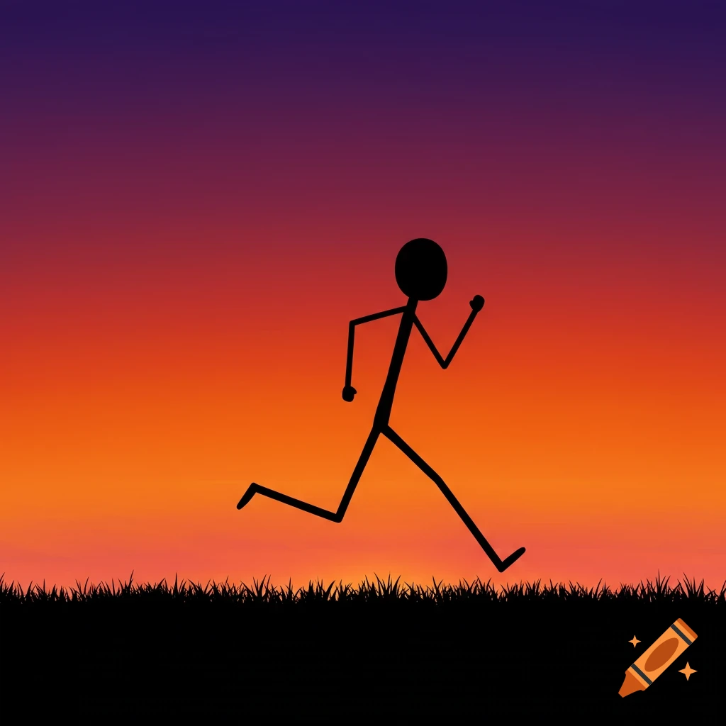 Silhouette of a stick person running across grass against an orange and purple sunset.