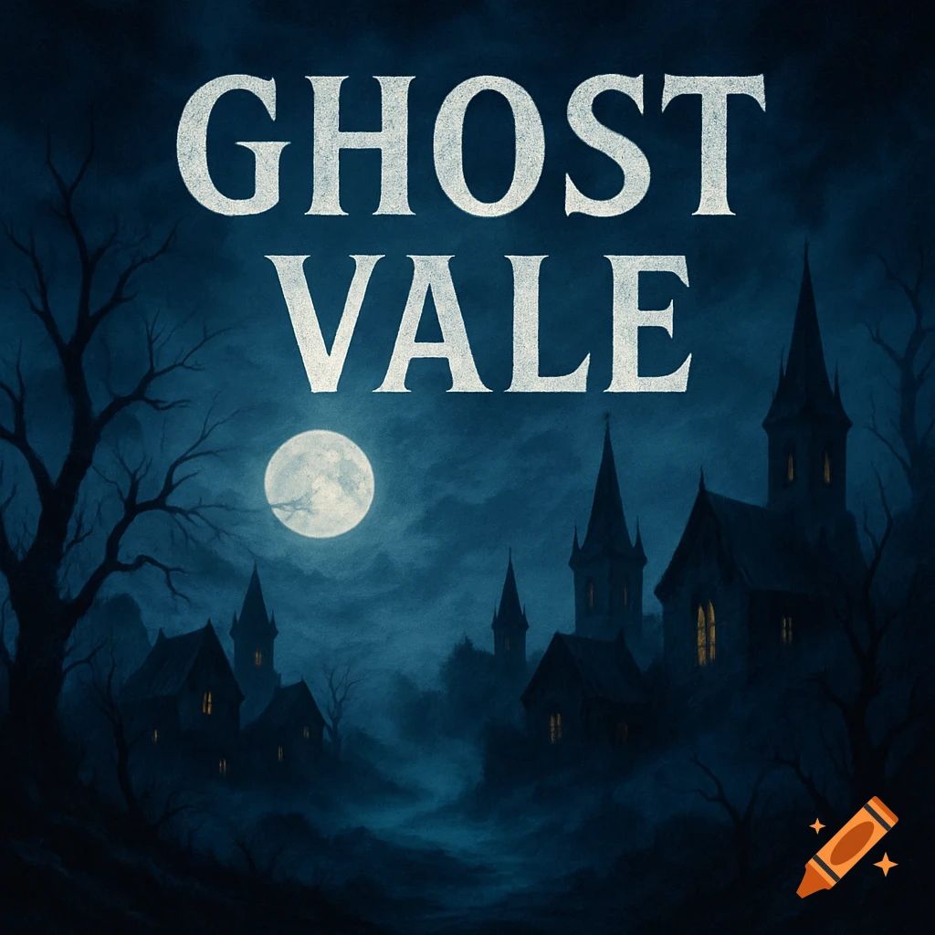 Dark, spooky landscape with old buildings, bare trees, and full moon under text "GHOST VALE".