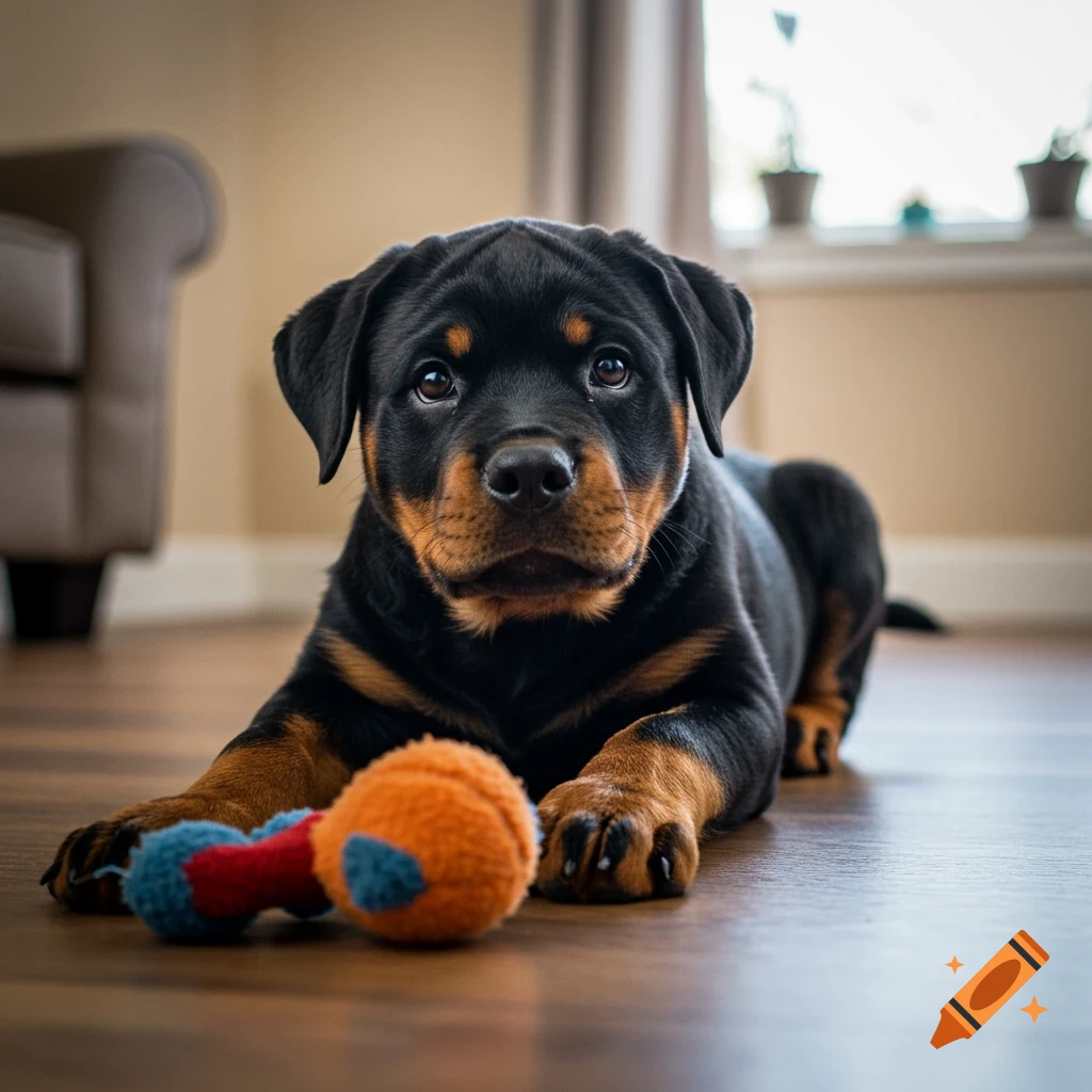 A cute Rottweiler puppy lies on a wooden floor with a toy.