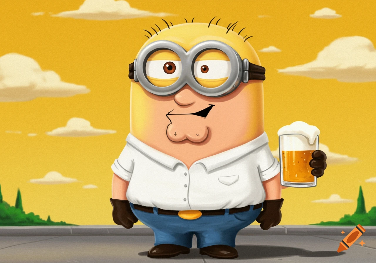 Cartoon mashup of a Minion and Peter Griffin holding a beer.